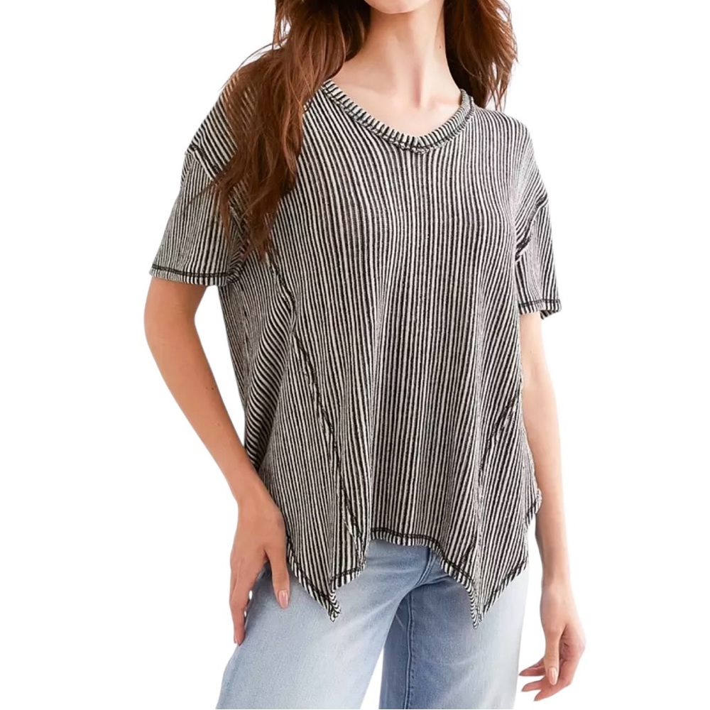 BKE Striped Open Weave Top | Black & White | Size Large